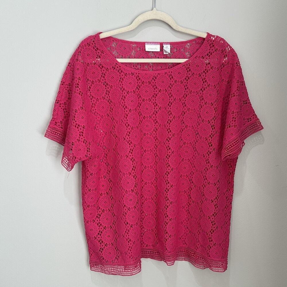 Chico's Women’s Sz 3 Crochet Blouse Size XL Pink Romantic Boho‎ Beach
